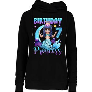 Mermaid Birthday Girl 7 Years Old Mermaid 7th Birthday Girls Womens Funnel Neck Pullover Hood