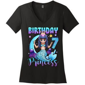 Mermaid Birthday Girl 7 Years Old Mermaid 7th Birthday Girls Women's V-Neck T-Shirt