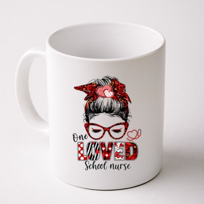 Messy Bun Hair One Loved School Nurse Valentines Day Gift Coffee Mug