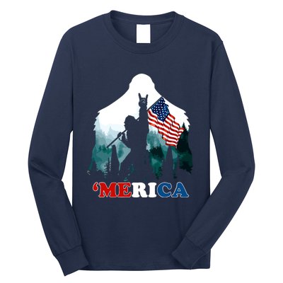 Merica Bigfoot Holding American Flag Usa 4th Of July Bigfoot Long Sleeve Shirt