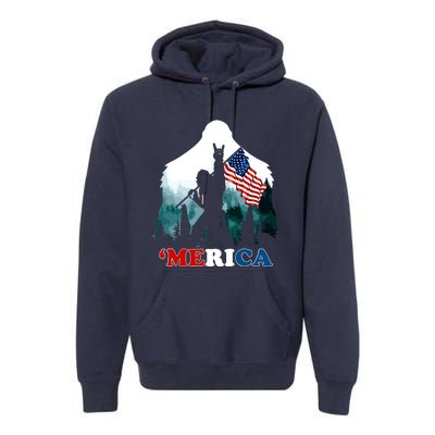 Merica Bigfoot Holding American Flag Usa 4th Of July Bigfoot Premium Hoodie