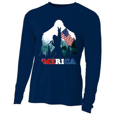 Merica Bigfoot Holding American Flag Usa 4th Of July Bigfoot Cooling Performance Long Sleeve Crew