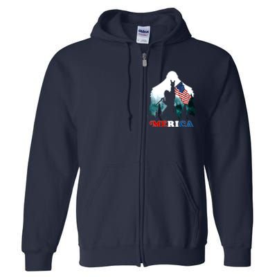 Merica Bigfoot Holding American Flag Usa 4th Of July Bigfoot Full Zip Hoodie