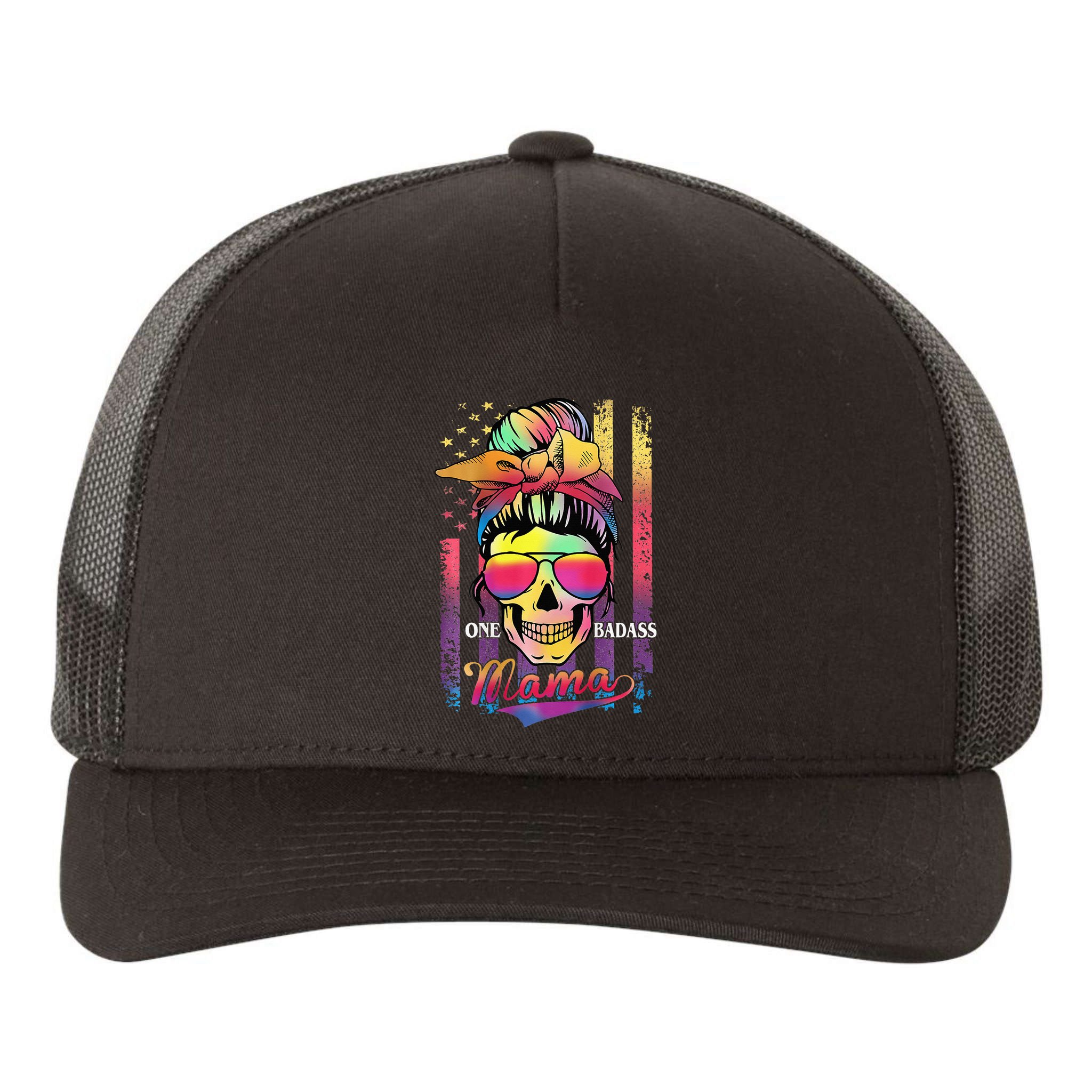 Messy Bun Hair Mom One Badass Mama American Flag Yupoong Adult 5-Panel Trucker Hat