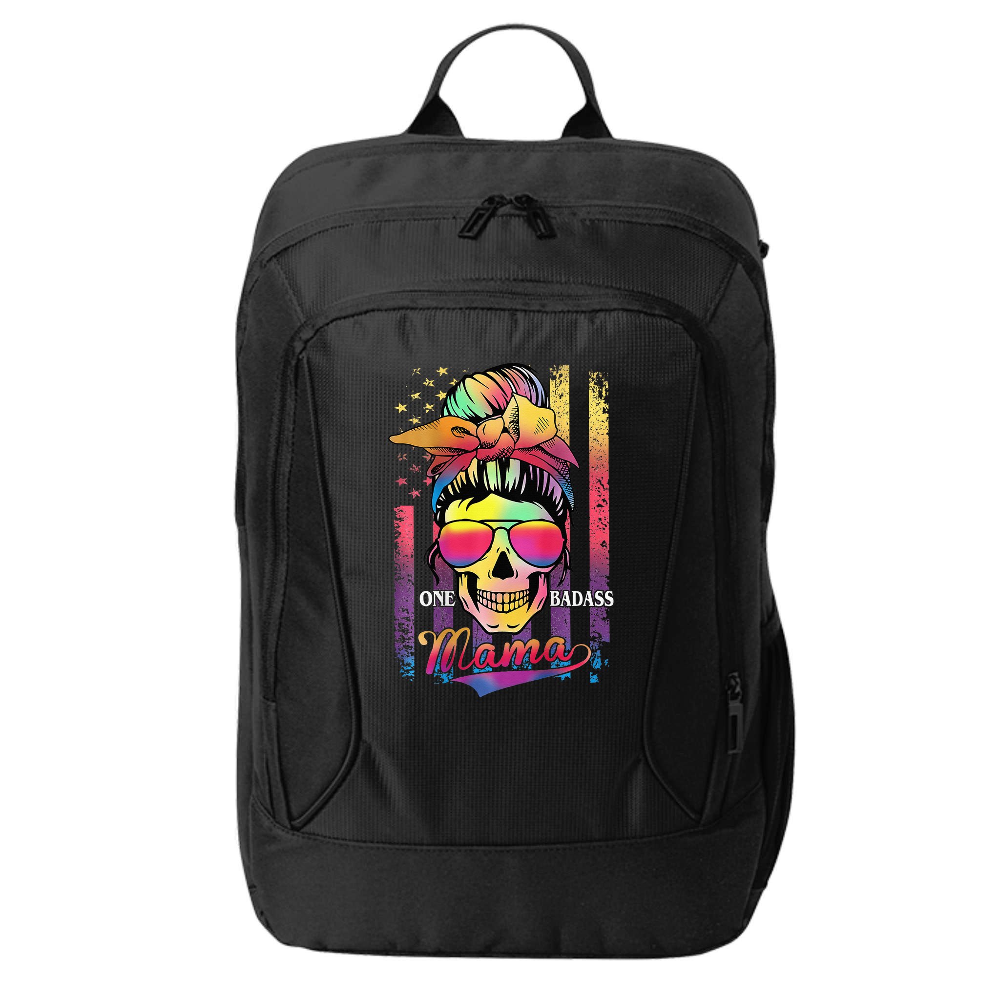 Messy Bun Hair Mom One Badass Mama American Flag City Backpack