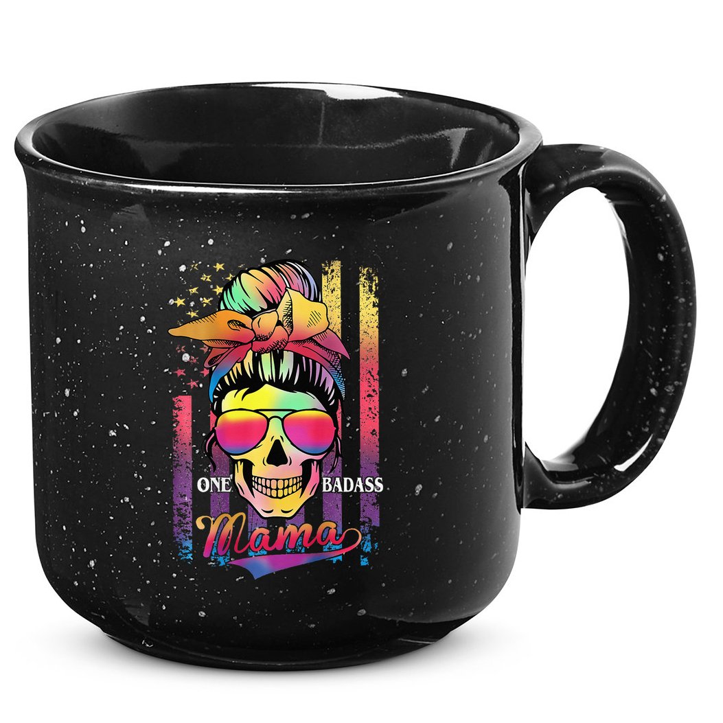 Messy Bun Hair Mom One Badass Mama American Flag 15oz Campfire Ceramic Mug