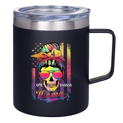 Messy Bun Hair Mom One Badass Mama American Flag 12oz Stainless Steel Coffee Mug