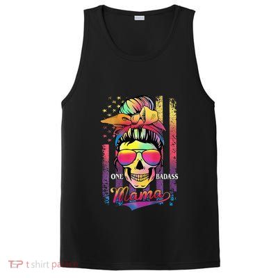 Messy Bun Hair Mom One Badass Mama American Flag PosiCharge Competitor Tank