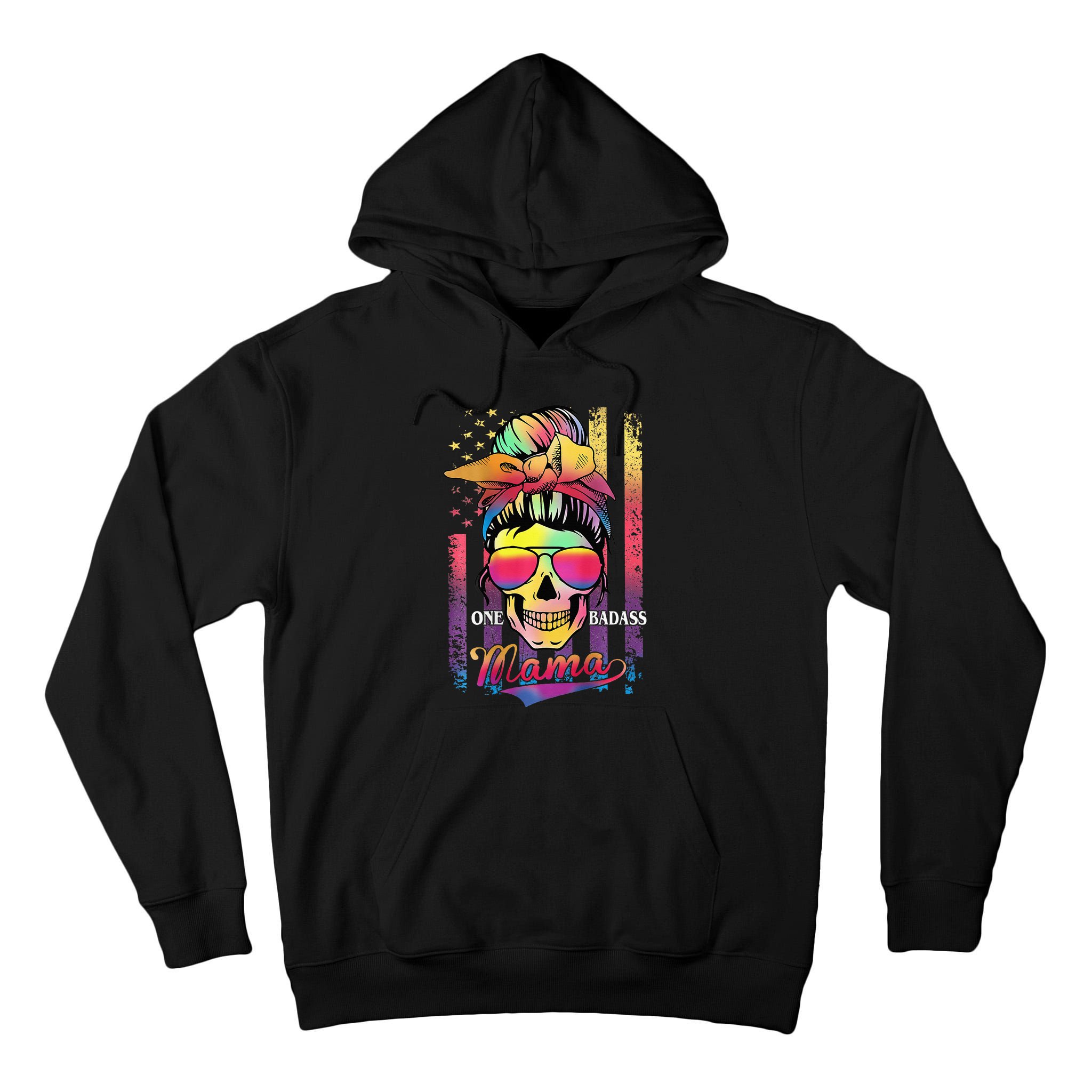 Messy Bun Hair Mom One Badass Mama American Flag Tall Hoodie