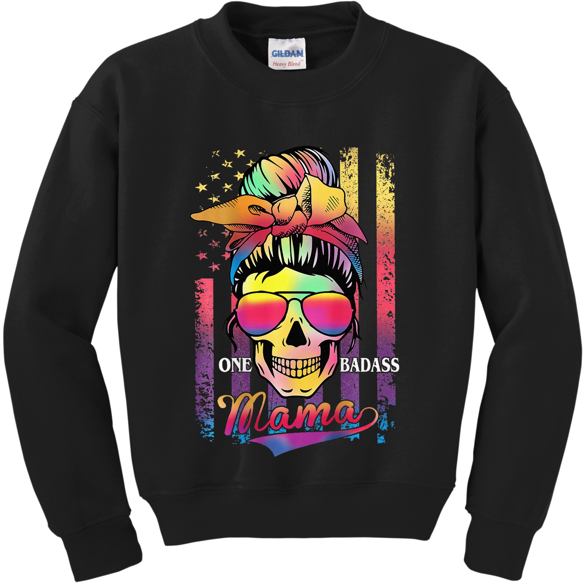 Messy Bun Hair Mom One Badass Mama American Flag Kids Sweatshirt