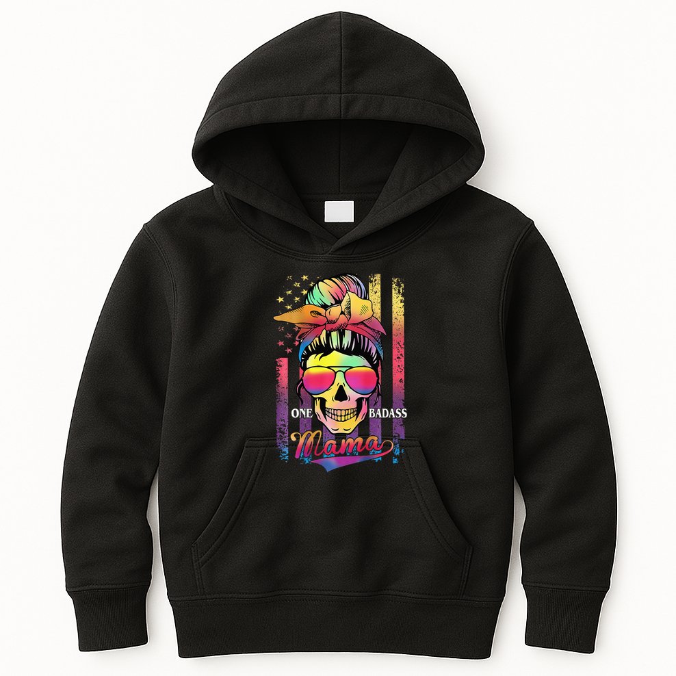 Messy Bun Hair Mom One Badass Mama American Flag Kids Hoodie