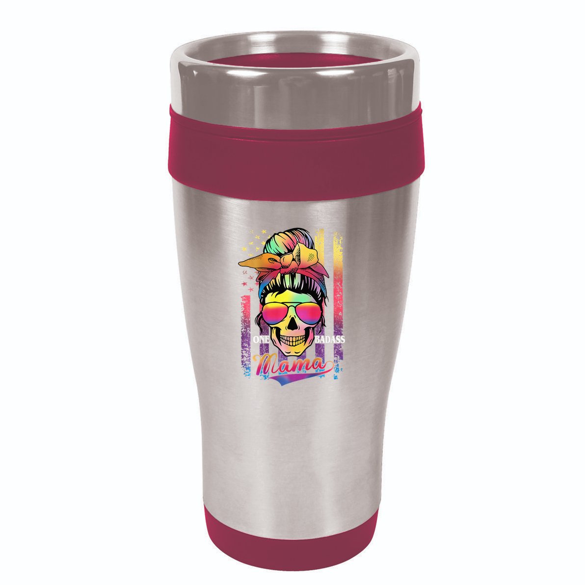 Messy Bun Hair Mom One Badass Mama American Flag 16oz Travel Tumbler