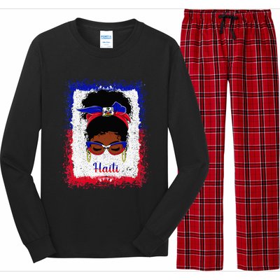 Messy Bun Haitian Haiti Flag Woman Girl Long Sleeve Pajama Set