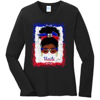 Messy Bun Haitian Haiti Flag Woman Girl Ladies Long Sleeve Shirt