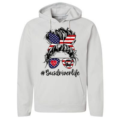 Messy Buns Hair Bus Driver Life American Flag For Women Performance Fleece Hoodie