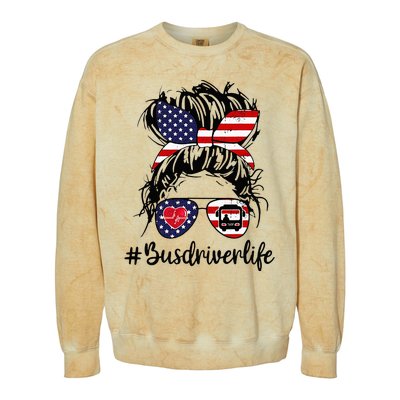 Messy Buns Hair Bus Driver Life American Flag For Women Colorblast Crewneck Sweatshirt