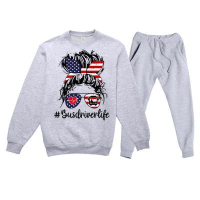 Messy Buns Hair Bus Driver Life American Flag For Women Premium Crewneck Sweatsuit Set