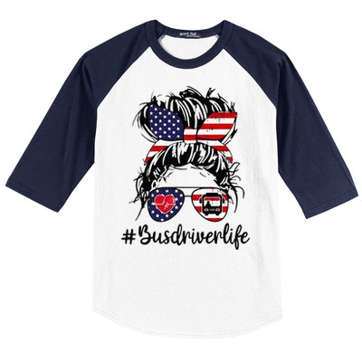 Messy Buns Hair Bus Driver Life American Flag For Women Baseball Sleeve Shirt