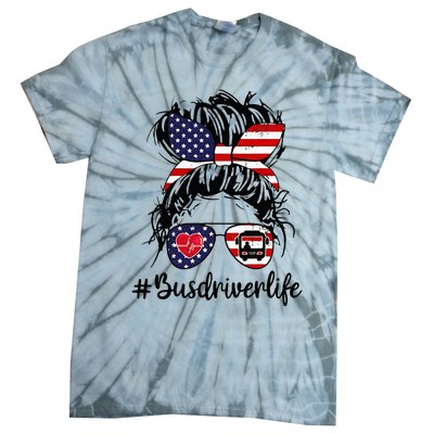 Messy Buns Hair Bus Driver Life American Flag For Women Tie-Dye T-Shirt