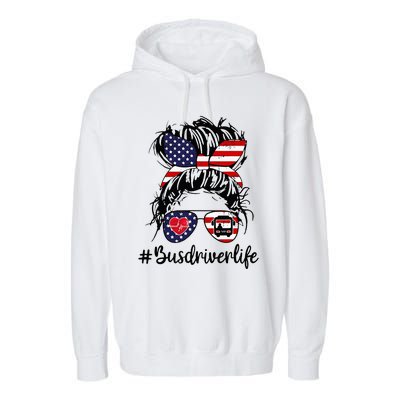 Messy Buns Hair Bus Driver Life American Flag For Women Garment-Dyed Fleece Hoodie