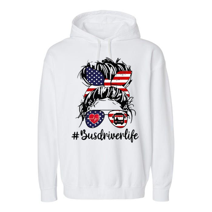 Messy Buns Hair Bus Driver Life American Flag For Women Garment-Dyed Fleece Hoodie