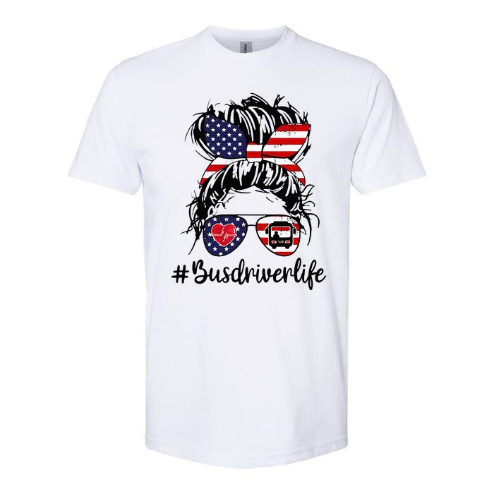 Messy Buns Hair Bus Driver Life American Flag For Women Softstyle CVC T-Shirt