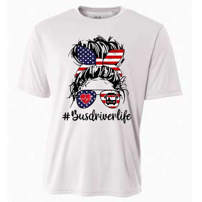 Messy Buns Hair Bus Driver Life American Flag For Women Cooling Performance Crew T-Shirt