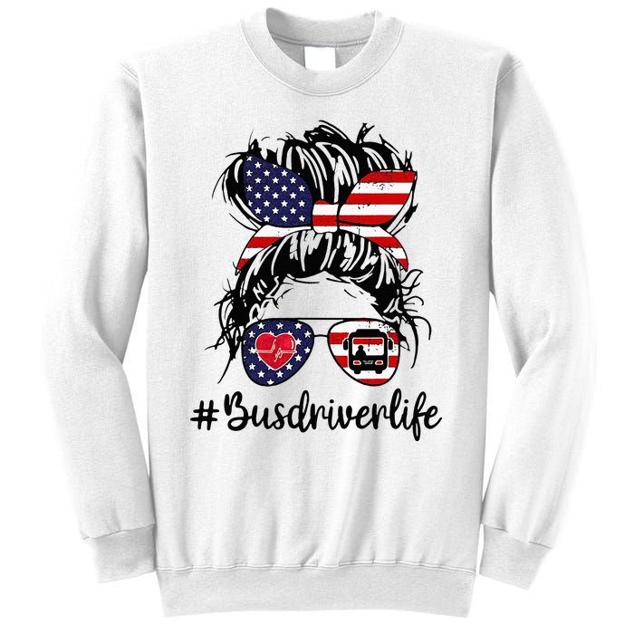 Messy Buns Hair Bus Driver Life American Flag For Women Sweatshirt