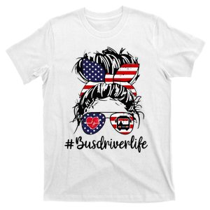 Messy Buns Hair Bus Driver Life American Flag For Women T-Shirt