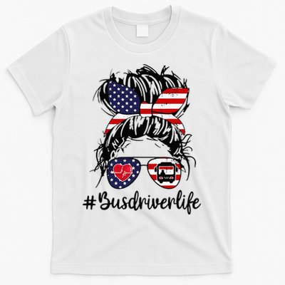 Messy Buns Hair Bus Driver Life American Flag For Women T-Shirt