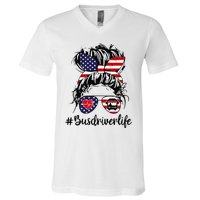 Messy Buns Hair Bus Driver Life American Flag For Women V-Neck T-Shirt