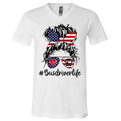 Messy Buns Hair Bus Driver Life American Flag For Women V-Neck T-Shirt