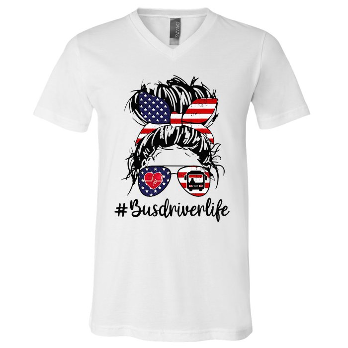 Messy Buns Hair Bus Driver Life American Flag For Women V-Neck T-Shirt