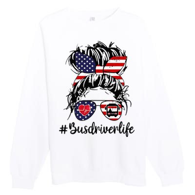 Messy Buns Hair Bus Driver Life American Flag For Women Premium Crewneck Sweatshirt