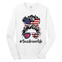 Messy Buns Hair Bus Driver Life American Flag For Women Tall Long Sleeve T-Shirt