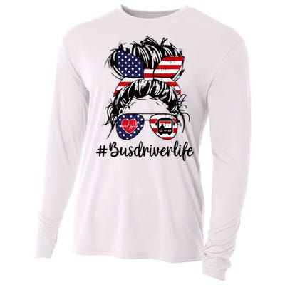 Messy Buns Hair Bus Driver Life American Flag For Women Cooling Performance Long Sleeve Crew