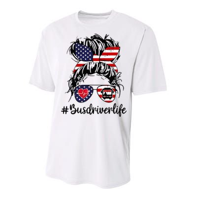 Messy Buns Hair Bus Driver Life American Flag For Women Performance Sprint T-Shirt