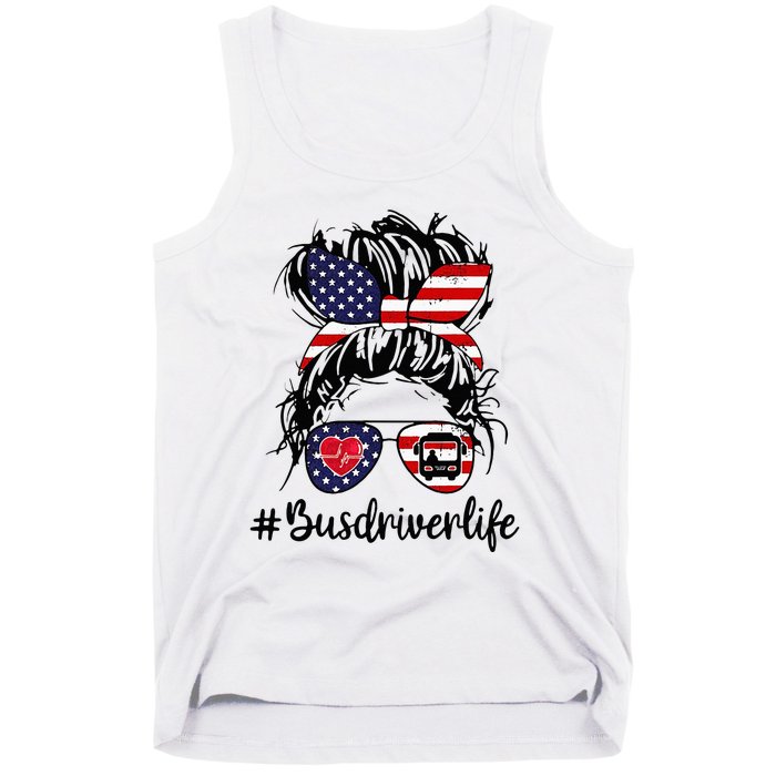 Messy Buns Hair Bus Driver Life American Flag For Women Tank Top