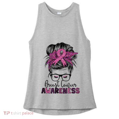 Messy Bun Hair Breast Cancer Awareness Ladies PosiCharge Tri-Blend Wicking Tank