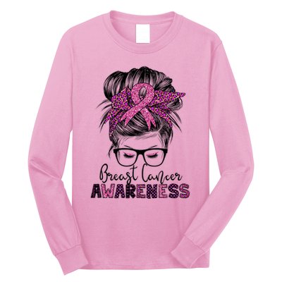 Messy Bun Hair Breast Cancer Awareness Long Sleeve Shirt