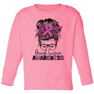 Messy Bun Hair Breast Cancer Awareness Toddler Long Sleeve Shirt