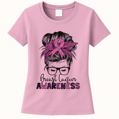 Messy Bun Hair Breast Cancer Awareness Womens T-Shirt