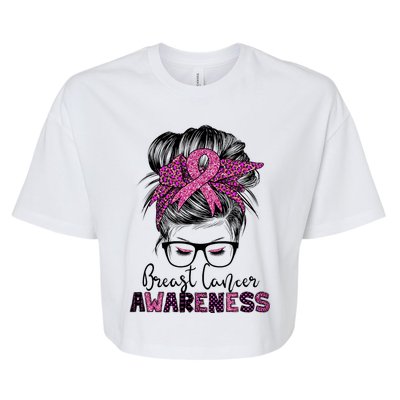 Messy Bun Hair Breast Cancer Awareness Bella+Canvas Jersey Crop Tee