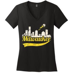 Milwaukee Baseball Home Run City Skyline Women's V-Neck T-Shirt