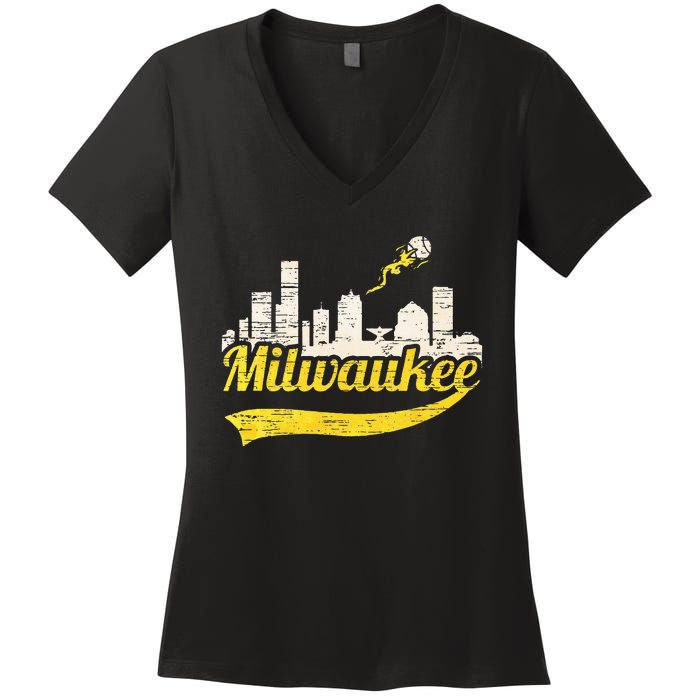 Milwaukee Baseball Home Run City Skyline Women's V-Neck T-Shirt