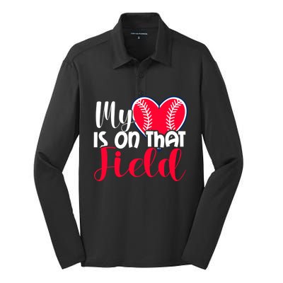 My Baseball Heart Is On That Field Gift Silk Touch Performance Long Sleeve Polo