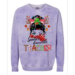 Messy Bun Hair Christmas TreesantaS Favorite Teacher Gift Colorblast Crewneck Sweatshirt