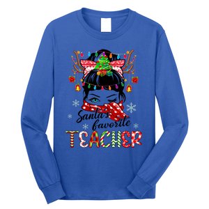 Messy Bun Hair Christmas TreesantaS Favorite Teacher Gift Long Sleeve Shirt