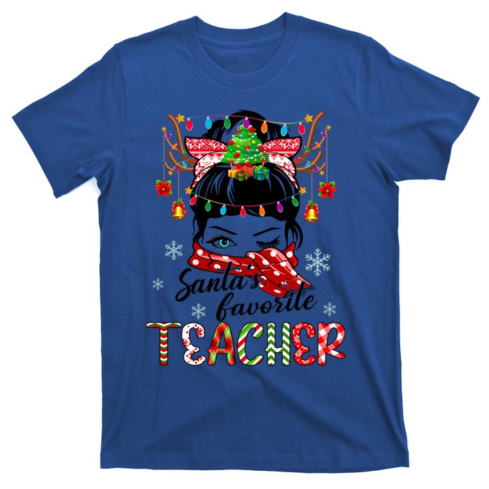 Messy Bun Hair Christmas TreesantaS Favorite Teacher Gift T-Shirt