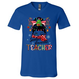 Messy Bun Hair Christmas TreesantaS Favorite Teacher Gift V-Neck T-Shirt